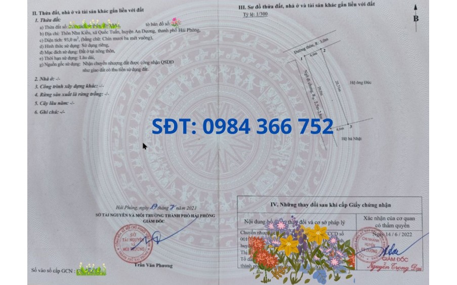 Bán đất S=93m2- Địa chỉ: Nhu Kiều, Quốc Tuấn, An Dương,HP